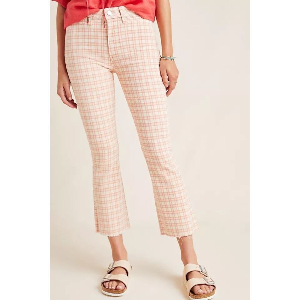 Paige Colette High-Rise Cropped Flare Jeans in Pink Plaid Size 27
